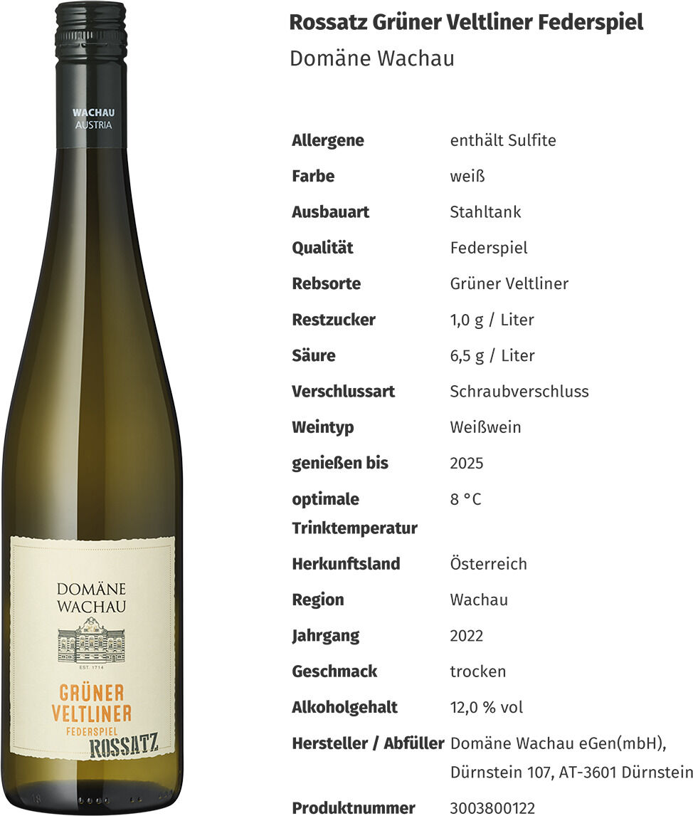 Flasche Rossatz Grüner Veltliner Federspiel von Domäne Wachau mit detaillierten Produktinformationen wie Allergene, Jahrgang, Alkoholgehalt und Trinktemperatur auf weißem Hintergrund.