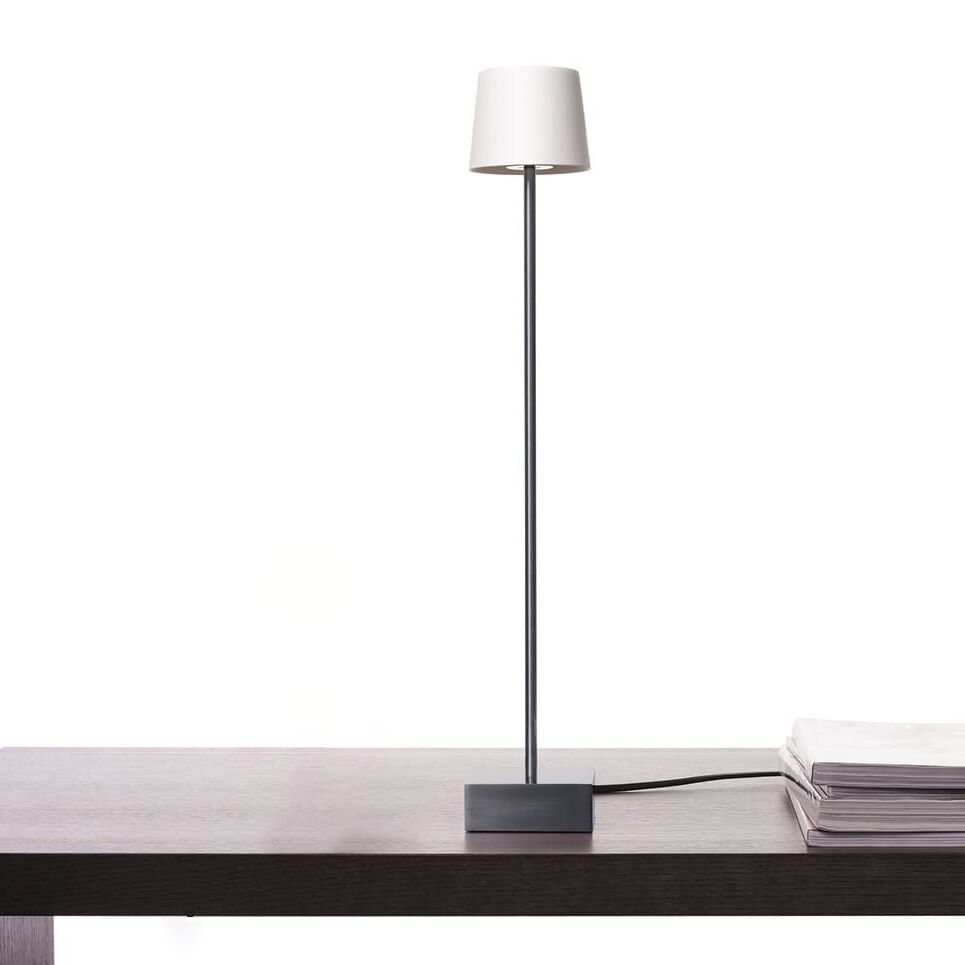 Auf einem dunklen Holztisch steht mittig die ZEIT-Sonderedition Tischlampe »ANTA Cut« mit schlankem grauen Standfuß, rechteckigem Sockel, schwarzem Kabel und zylindrischem, lichtdurchlässigem weißen Porzellanschirm. Rechts neben der Lampe liegen gestapelte, helle Hefte oder Magazine.