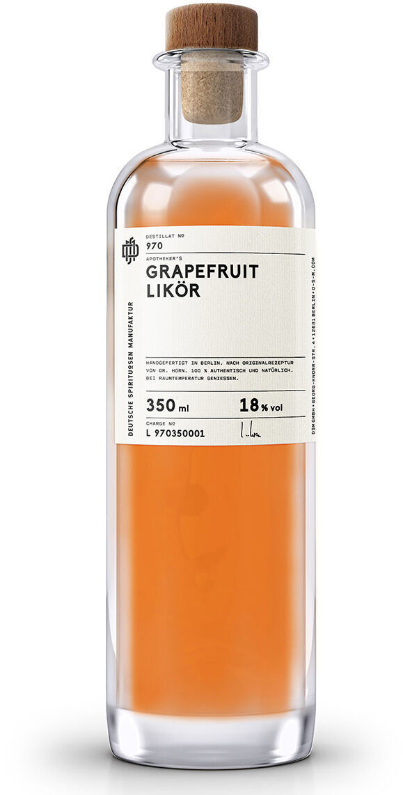 Flasche Grapefruit Likör »970« mit hellem Etikett und Holzverschluss, 350 ml und 18% Volumenalkohol.