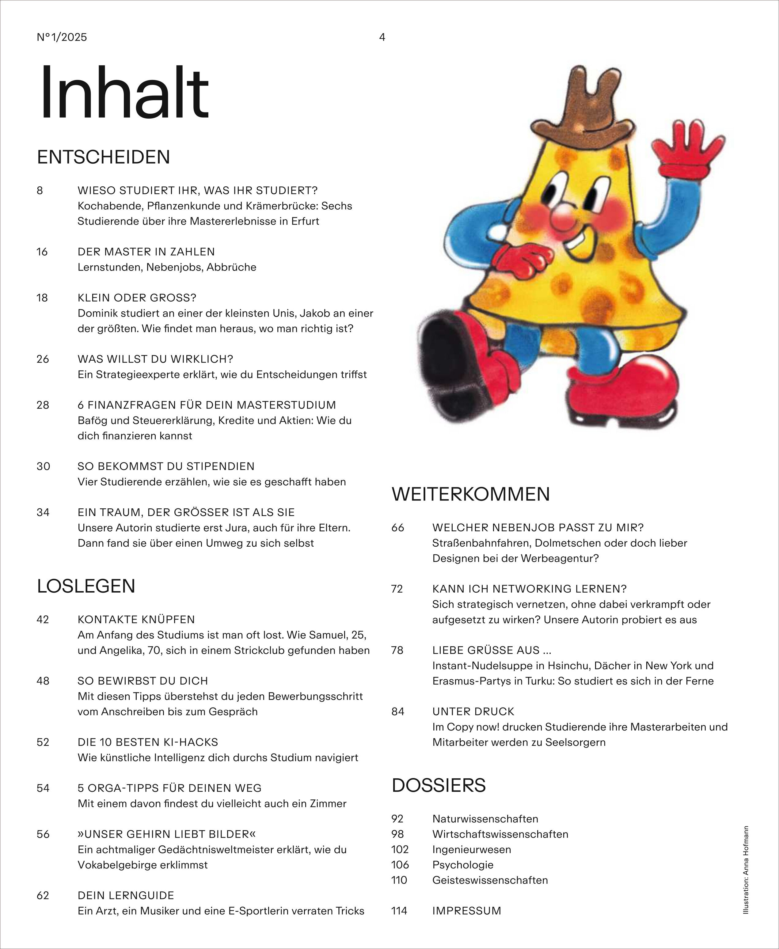 Titelseite der Zeitschrift 'ZEIT CAMPUS MASTERSTUDIUM 2025' mit einer Illustration einer cartoonhaften Pizzafigur mit roten Stiefeln und einem Pommes-Hut. Der Text beinhaltet Kapitelüberschriften wie 'Entscheiden' und 'Weiterkommen', die verschiedene Aspekte des Masterstudiums thematisieren.