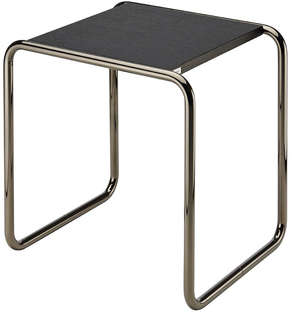 Schwarz-silberner Beistelltisch der ZEIT-Sonderedition »B9a/b« von Thonet im Bauhaus-Stil, bestehend aus einer flachen, rechteckigen Tischplatte und einem gebogenen Metallrahmen.