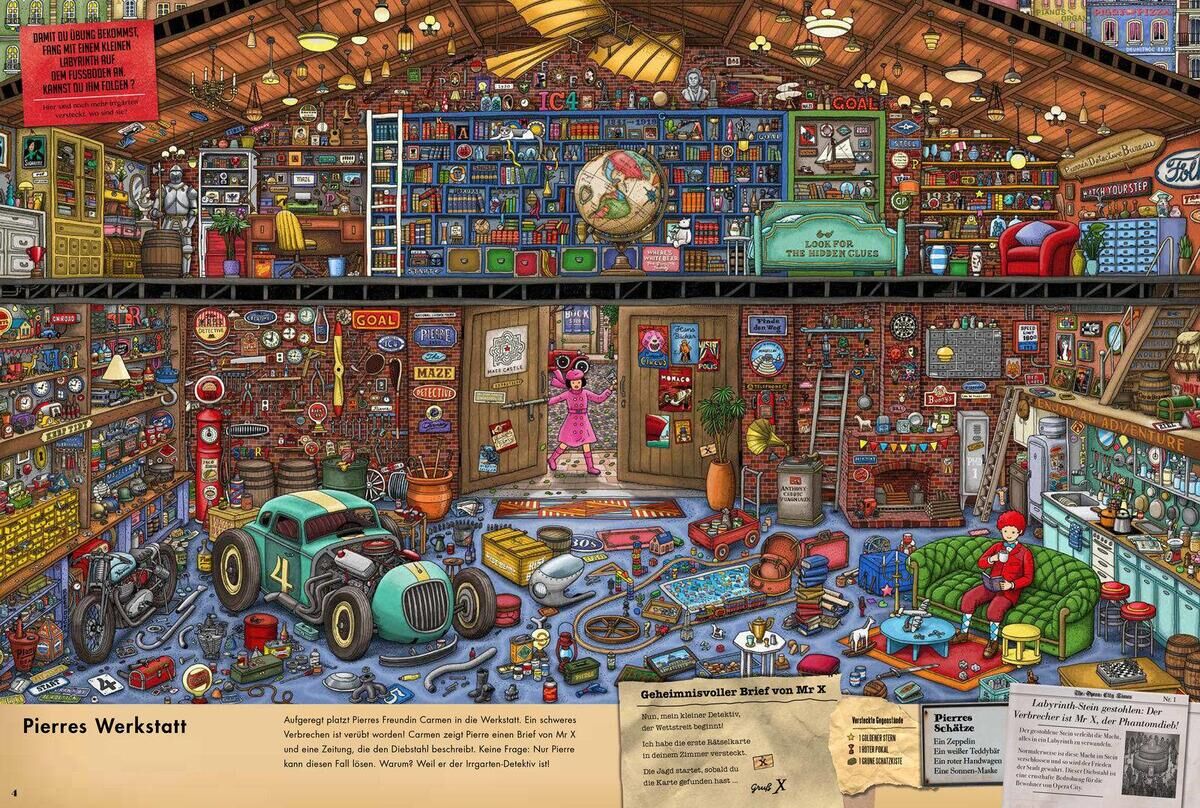 Pierre, der Irrgarten-Detektiv, ist ein detailreich illustriertes Such- und Rätselbuch für Kinder. Das Bild zeigt Pierres Werkstatt, die voller bunter Details und verschiedener Gegenstände ist. Es gibt Oldtimer-Autos, Regale voller Bücher und Werkzeuge sowie zahlreiche Verstecke und Spuren, die es zu entdecken gilt.