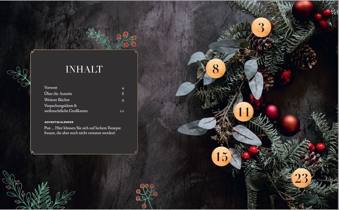 Ein Adventskalender mit dem Titel „24 Genussmomente“. Ein dekorativer Tannenkranz mit roten Kugeln und nummerierten Türchen ist zu sehen. Die Farben Grün, Rot, Gold und Braun dominieren das Bild. Links ist eine Liste des Inhalts zu erkennen.