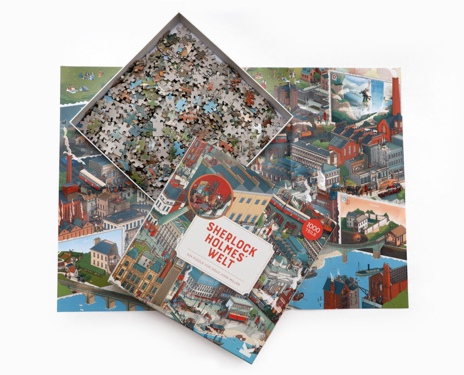 Ein Puzzle mit dem Titel »Shakespeares Welt«, das eine detailreiche, farbenfrohe Illustration von Gebäuden und Szenen aus Shakespeares Zeit zeigt. Das geöffnete Puzzle zeigt die Puzzleteile und das fertige Bild im Hintergrund.