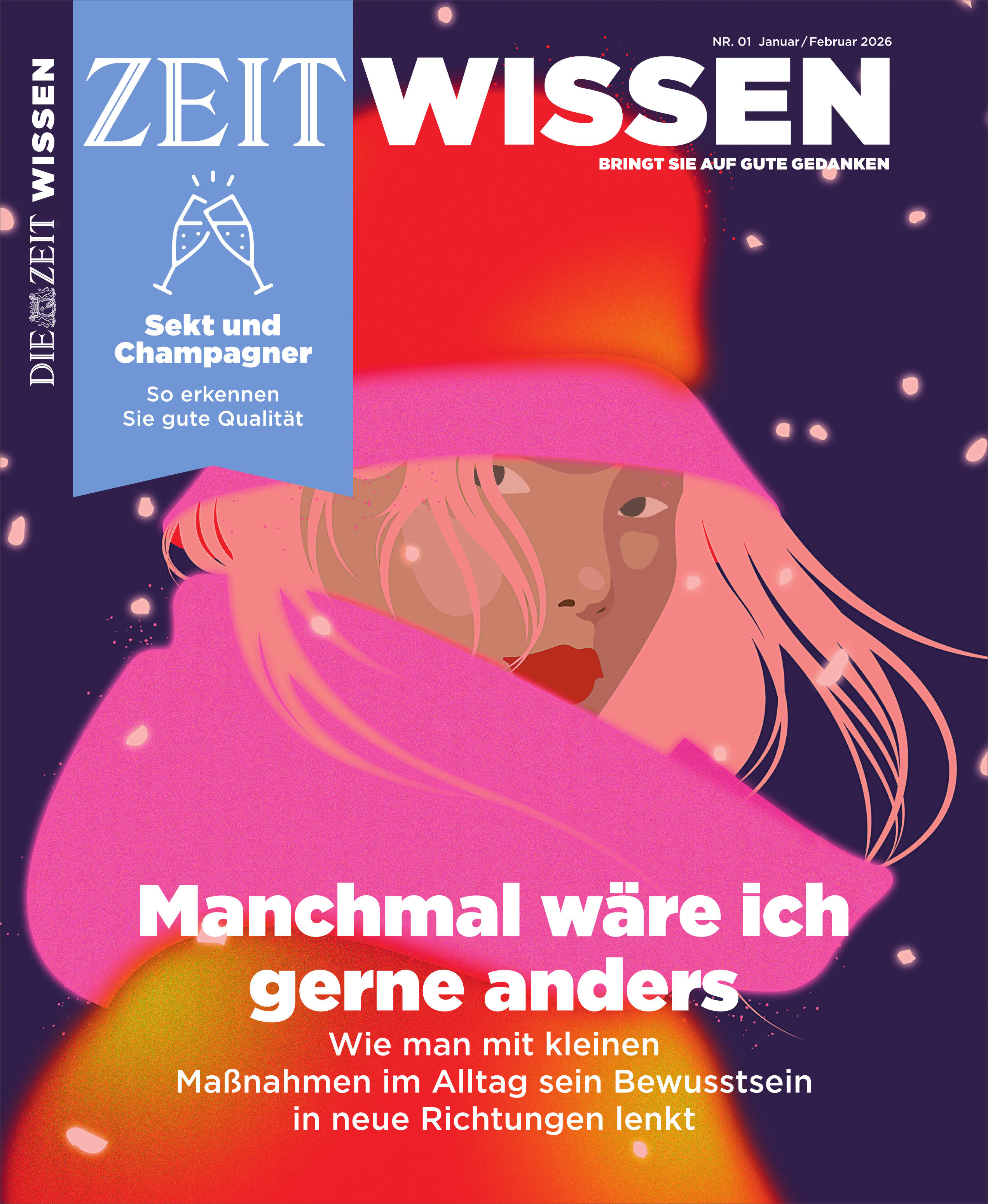 Detailreich illustrierte Magazin-Coverseite von ZEIT WISSEN mit einer stilisierten Frau in bunter Winterkleidung und Mütze vor lila Hintergrund mit Lichtpunkten. Großes Titelzitat „Manchmal wäre ich gerne anders“ und weitere Textelemente dominieren die moderne, kontrastreiche Gestaltung.