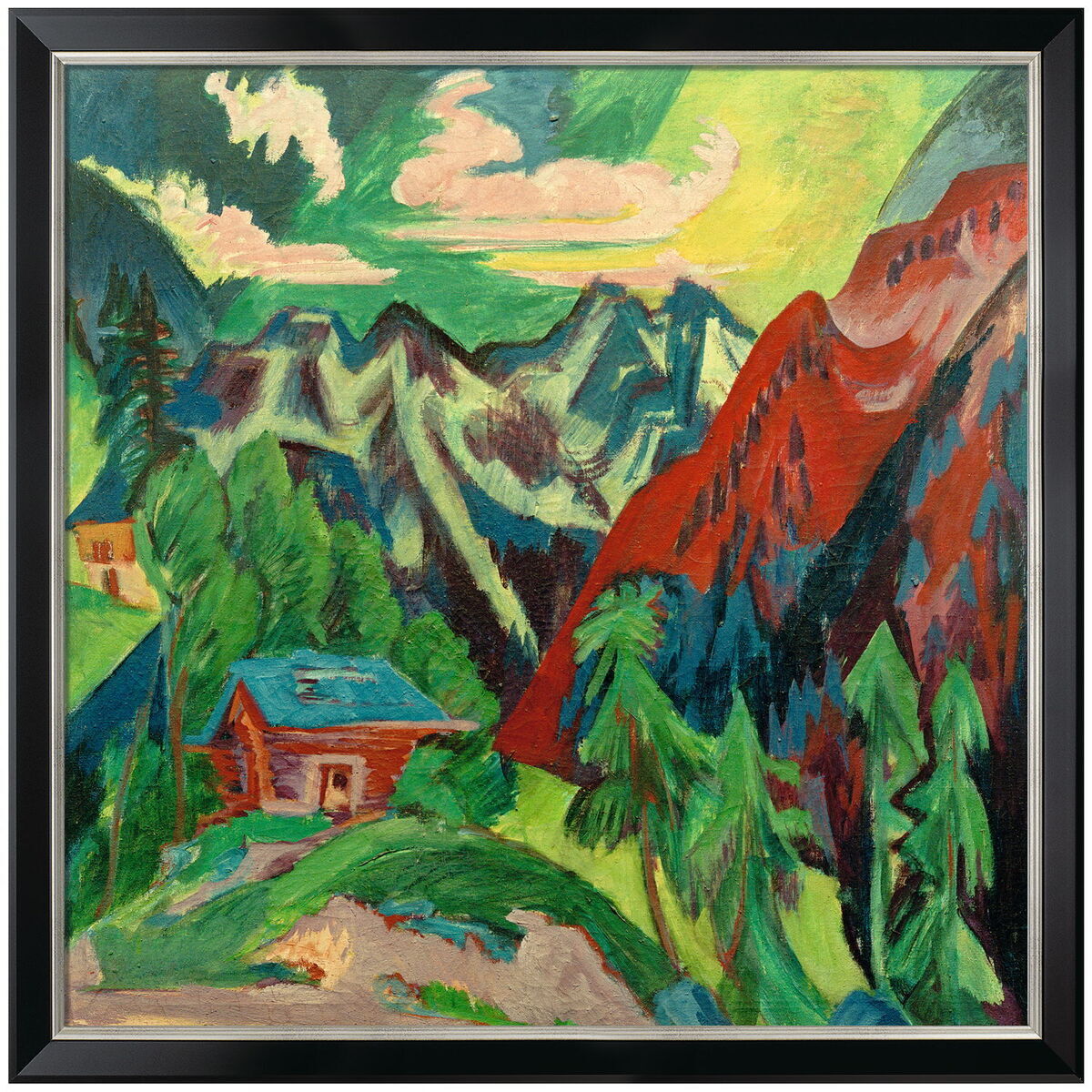 Ein Gemälde von Ernst Ludwig Kirchner aus dem Jahr 1923 mit dem Titel „Die Klosterser Berge“. Das Bild zeigt eine gebirgige Landschaft mit grünen und roten Bergen, einem Haus mit blauem Dach und einer reichen Vegetation.