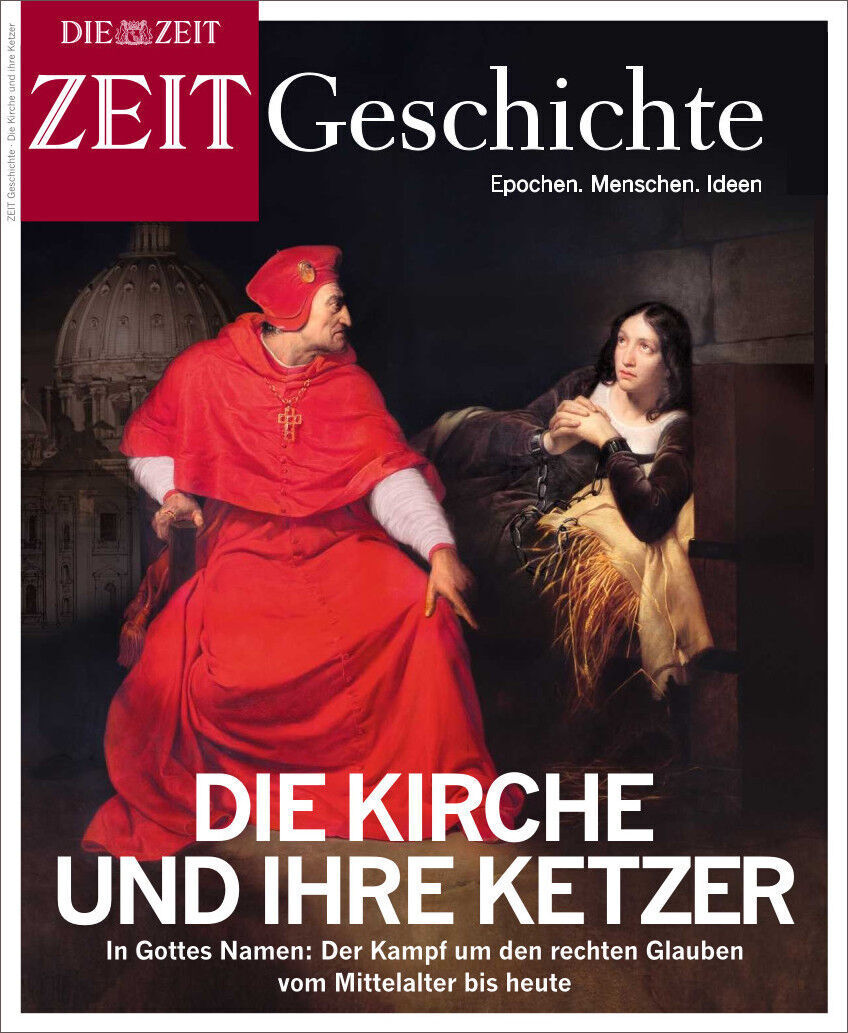 Cover der Zeitschrift ZEIT Geschichte mit dem Titel 'Die Kirche und ihre Ketzer'. Ein rotes Gewand tragender Mann, vermutlich ein Kardinal, sitzt links, während eine schwarze Frau rechts zugleich angsterfüllt und nachdenklich aussieht. Hintergrund zeigt Architektur.