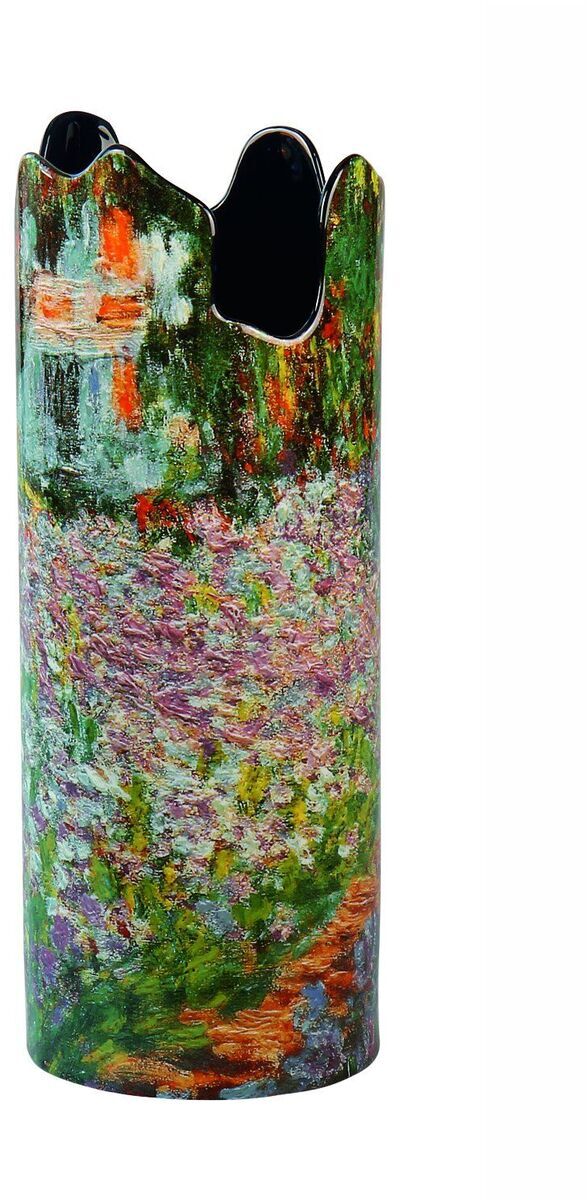 Porzellanvase »Irisbeet in Monets Garten«, inspiriert von Claude Monets impressionistischem Kunstwerk, zeigt eine detailreiche und farbenfrohe Darstellung eines Irisbeets in Monets Garten. Die Vase ist länglich, mit einem unregelmäßigen, wellenförmigen Rand, und besteht aus hochwertigen Materialien.