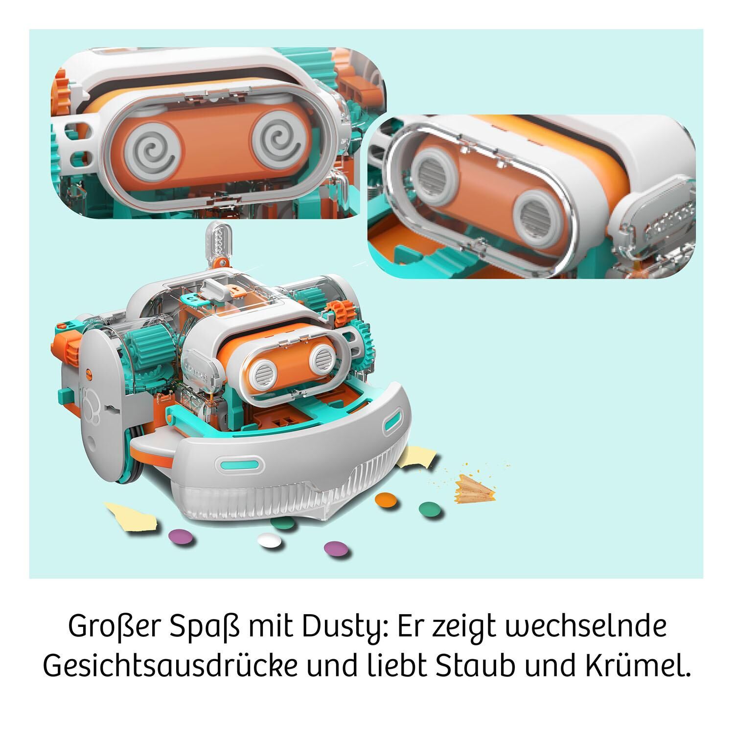 Ein moderner Staubsaugerroboter mit kindlichem und spielerischem Design in den Farben Orange, Weiß, Türkis und Grau. Der Roboter hat wechselnde Gesichtsausdrücke und ist umgeben von verschiedenen kleinen Gegenständen auf einem hellblauen Hintergrund.