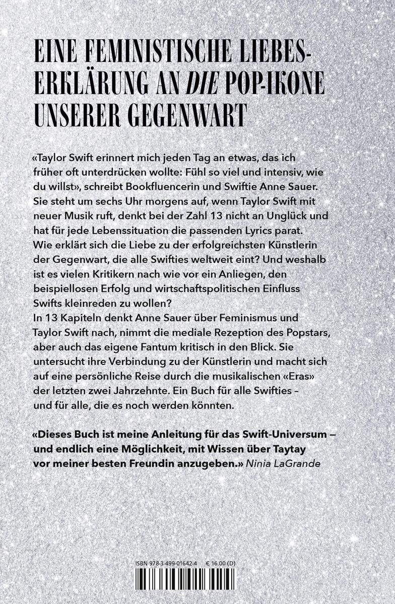 Buchcover des Buches 'Look What She Made Us Do' von Sauer A. Ein feministische Liebeserklärung an die Pop-Ikone unserer Gegenwart. Text auf der Rückseite enthält Referenzen zu Taylor Swift und feministischen Themen.