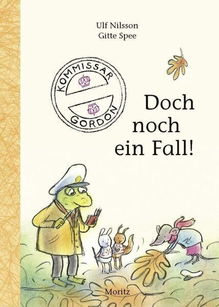 Das Cover des Buches 'Kommissar Gordon - Doch noch ein Fall!' von Ulf Nilsson und Gitte Spee zeigt eine Illustration eines Detektivfrosches namens Kommissar Gordon, der eine Pfeife raucht und eine Taschenlampe hält. Er ist von verschiedenen Tieren umgeben, darunter Hasen und ein Eichhörnchen. Der Hintergrund ist hauptsächlich weiß, mit einem gelben Muster am linken Rand.