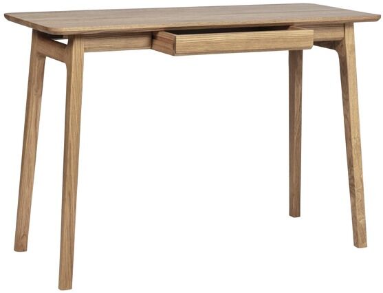 Schreibtisch »Freya« aus Eiche mit einem minimalistisch modernen Design, einer Schublade und vier schlanken Beinen. Der Tisch ist aus hellbraunem Naturholz gefertigt und eignet sich für Arbeitszimmer und Heimbüros.