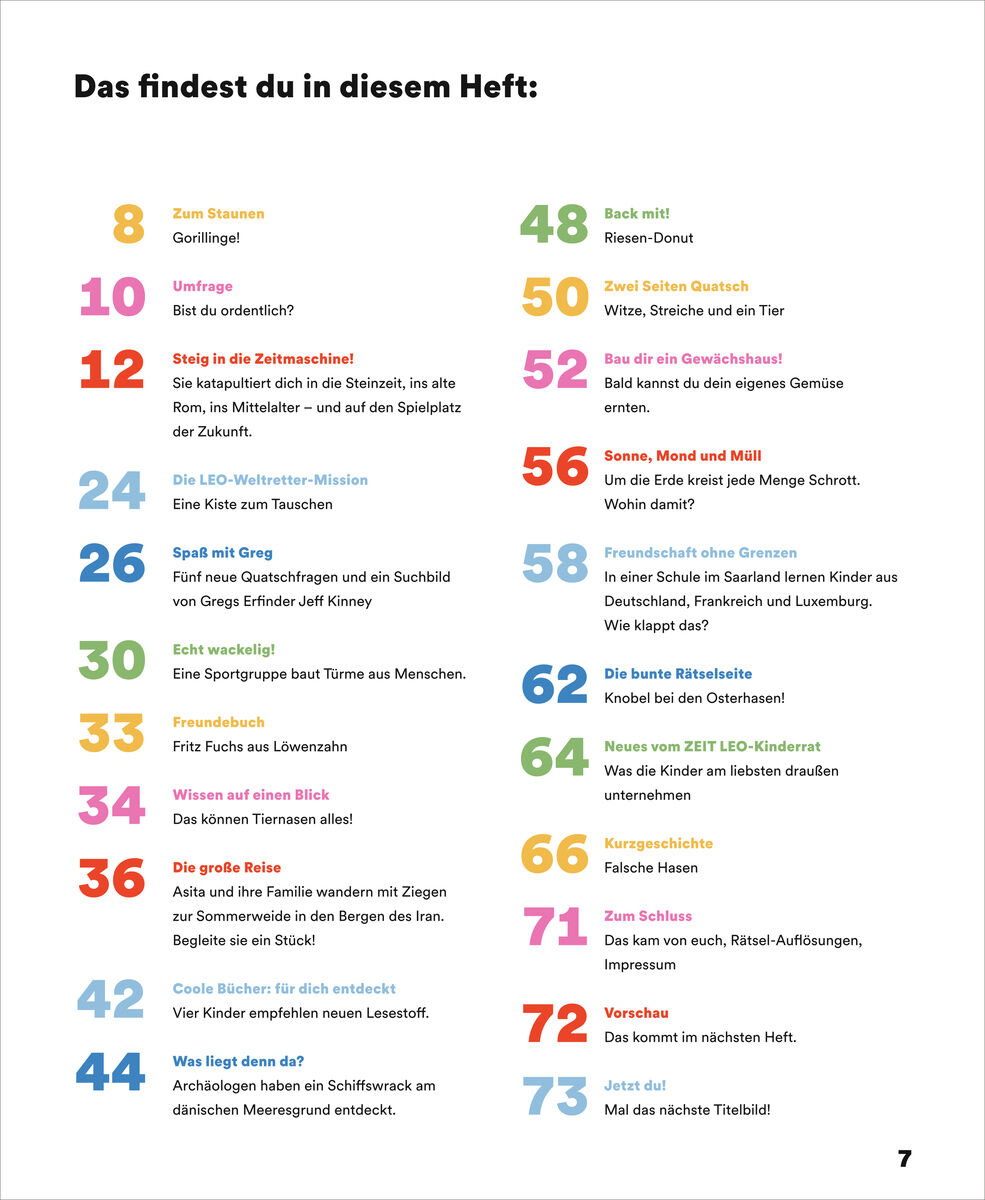 Doppelseitiges, bunt gestaltetes Inhaltsverzeichnis der Kinderzeitschrift ZEIT LEO 2/26 mit großen farbigen Seitenzahlen und kurzen Beschreibungstexten zu den Themen der Ausgabe, darunter Abenteuer, Experimente, Basteltipps, Rezepte und Wissen für Kinder.