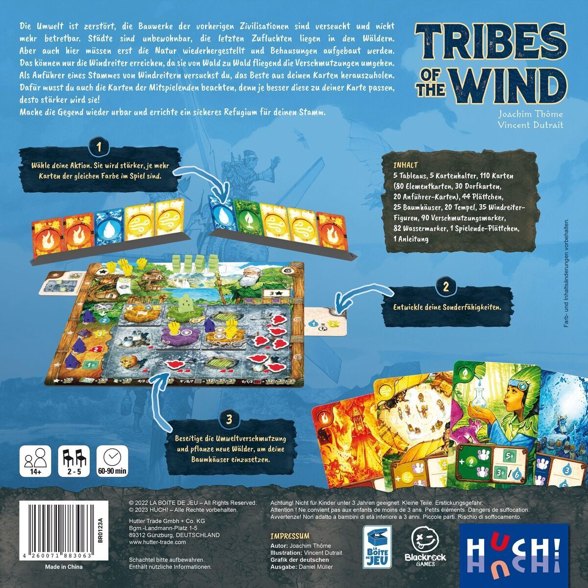 Tribes of the Wind ist ein Brettspiel mit strategischen und umweltbewussten Themen. Das Spiel enthält ein illustriertes Spielbrett, verschiedene farbige Karten und Spielfiguren. Verpackungsabbildung mit farbenfrohen Komponenten und Grafiken zeigt die Spielregeln und den Inhalt.