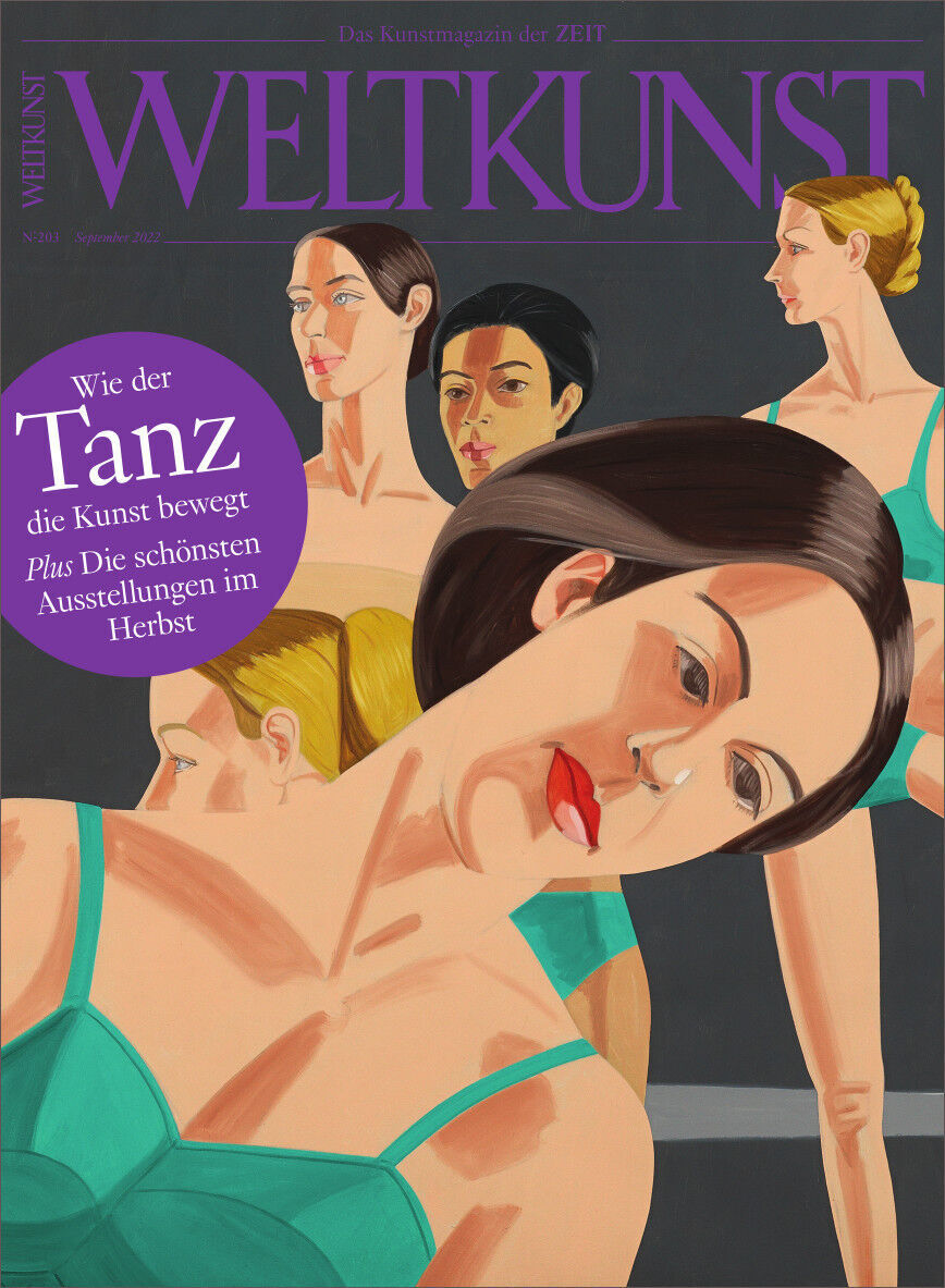 Cover der Zeitschrift 'WELTKUNST 203/22' mit Illustrationen von Tänzerinnen auf dunklem Hintergrund und der Aufschrift 'Wie der Tanz die Kunst bewegt'.