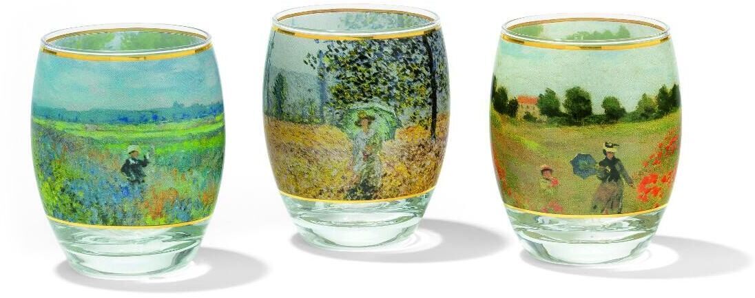 Ein Set von drei Teelichtgläsern mit Motiven nach Claude Monet. Jedes Glas zeigt unterschiedliche Landschaftsdarstellungen mit grünen, blauen, gelben, beigen und roten Farben.