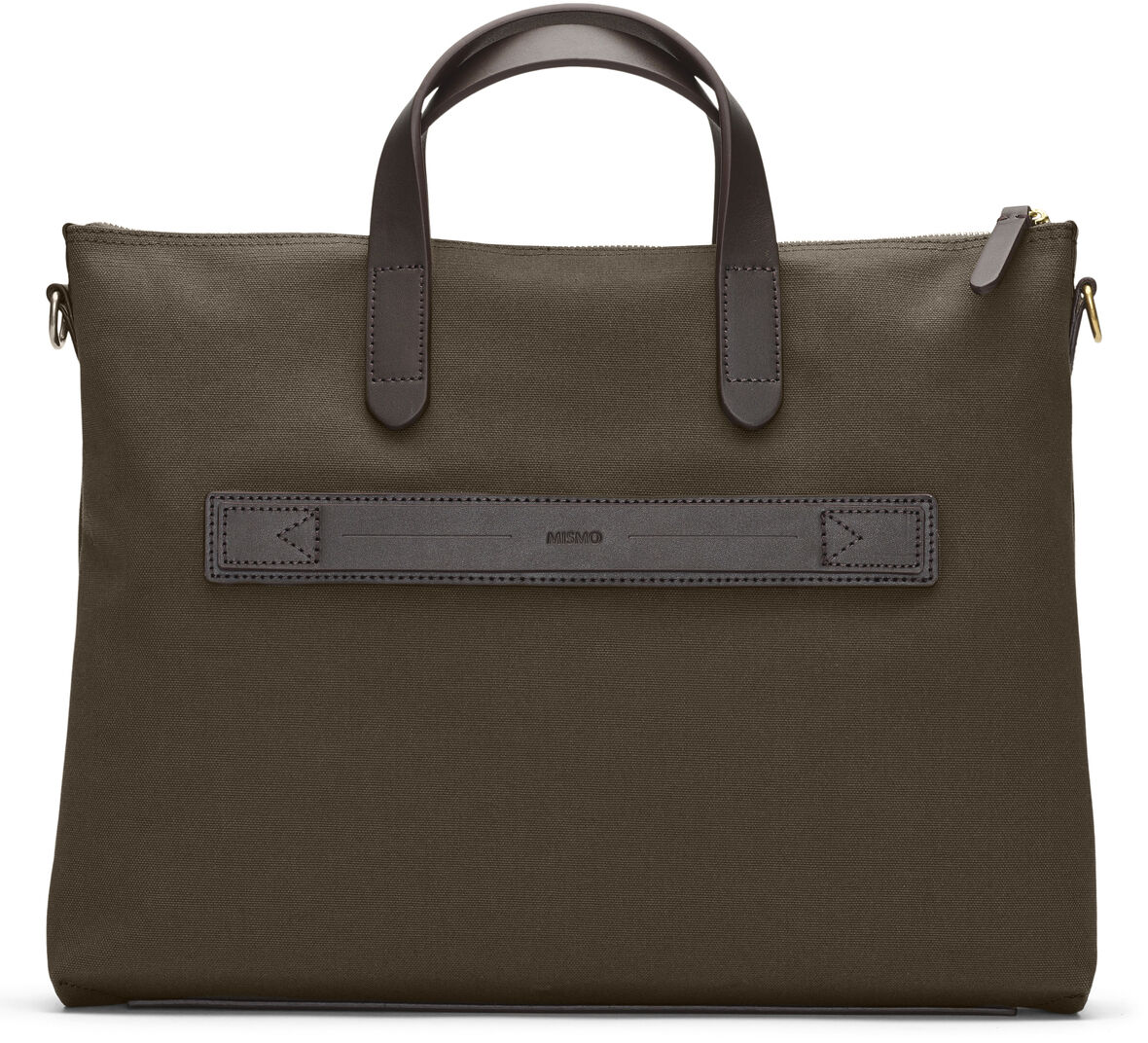 Olivgrüne Laptop-Tasche BRIEF mit braunen Griffen und einem goldenen Reißverschluss. Die Tasche ist schlank und modern gestaltet, ideal für Geschäftsleute und Reisende.