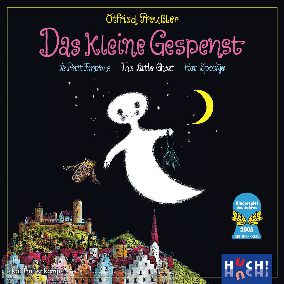 Quadratische Brettspielverpackung von 'Das kleine Gespenst' mit einem weißen freundlichen Gespenst, das über eine bunte Burg schwebt. Der Hintergrund ist schwarz, Schrift und Details sind farbenfroh. Das Spielsiegel 'Kinderspiel des Jahres 2005' und das Verlagslogo 'Huch!' sind sichtbar.