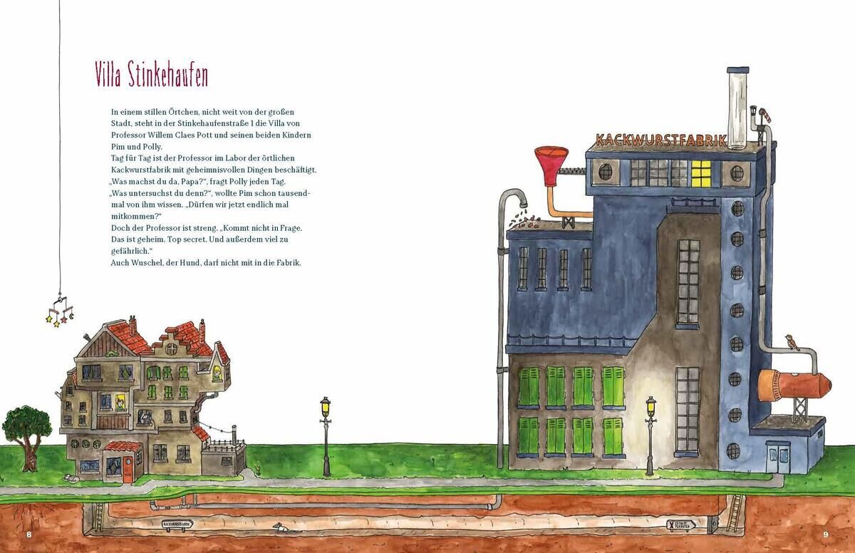 Illustration aus dem Buch 'Die Kackwurstfabrik', die eine fiktive Fabrik darstellt, in der Kackwürste hergestellt werden. Links ist ein Haus zu sehen, rechts die Fabrik. Unter der Erde sind Rohrleitungen sichtbar. Farben: grün, braun, beige, blau, grau.