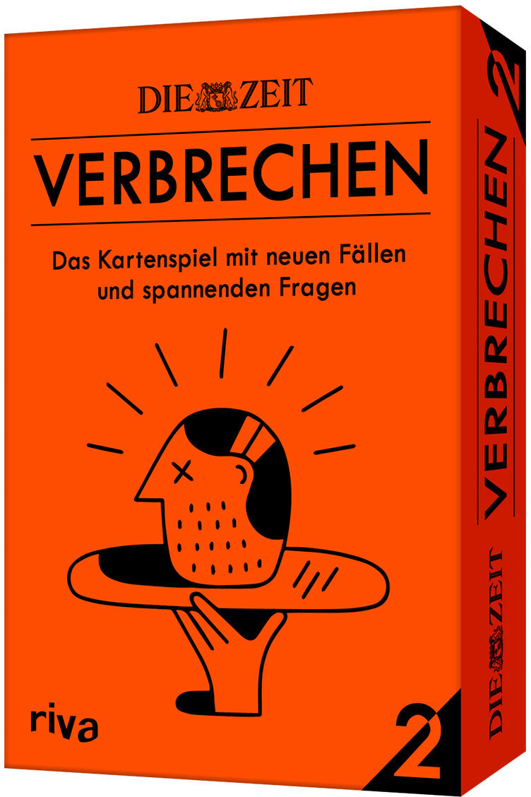 ZEIT Verbrechen Kartenspiel 2 in orangefarbener Verpackung mit schwarzem Text und Illustrationen.