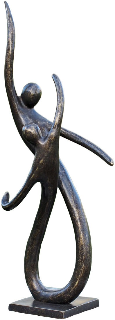 Abstrakte Bronze-Gartenskulptur "On the Move" der Marke Ars mundi, patiniert, schlank und dynamisch mit fließenden Linien, zwei stilisierten Figuren in eleganter Bewegung, matt schimmernde Oberfläche auf quadratischem Sockel, modern und dekorativ.