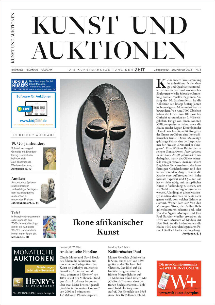 Titelseite der Zeitschrift 'KUNST UND AUKTIONEN' 3/24 mit einem zentral abgebildeten Kunstobjekt, einer afrikanischen Maske. Die Zeitschrift enthält verschiedene Abschnitte und Anzeigen zu Kunstthemen und Auktionen.