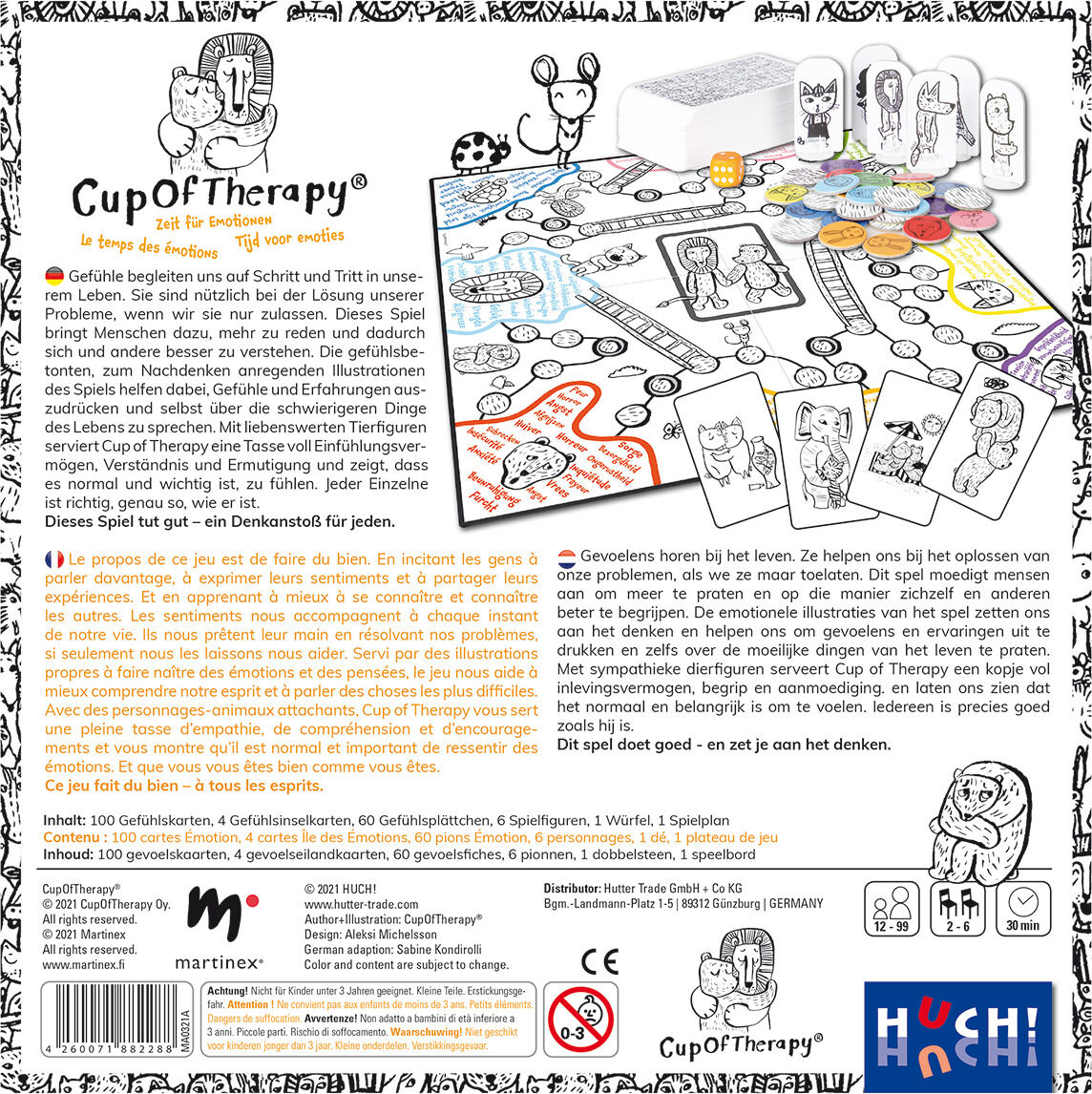 Foto des Brettspiels 'Cup Of Therapy - Zeit für Emotionen' mit Illustrationen, Spielkarten und Spielfiguren. Das Layout des Spiels ist in Weiß, Schwarz und Gelb gehalten, mit verschiedenen hellen Farben.