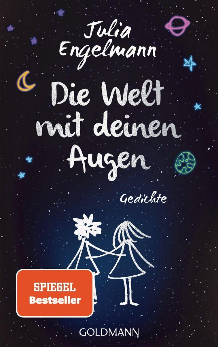Das Buchcover zeigt den Titel 'Die Welt mit deinen Augen' von Julia Engelmann vor einem dunklen Sternenhimmel. Zwei stilisierte Figuren halten sich an den Händen. Ein orangefarbener 'Spiegel Bestseller'-Aufkleber ist zu sehen.