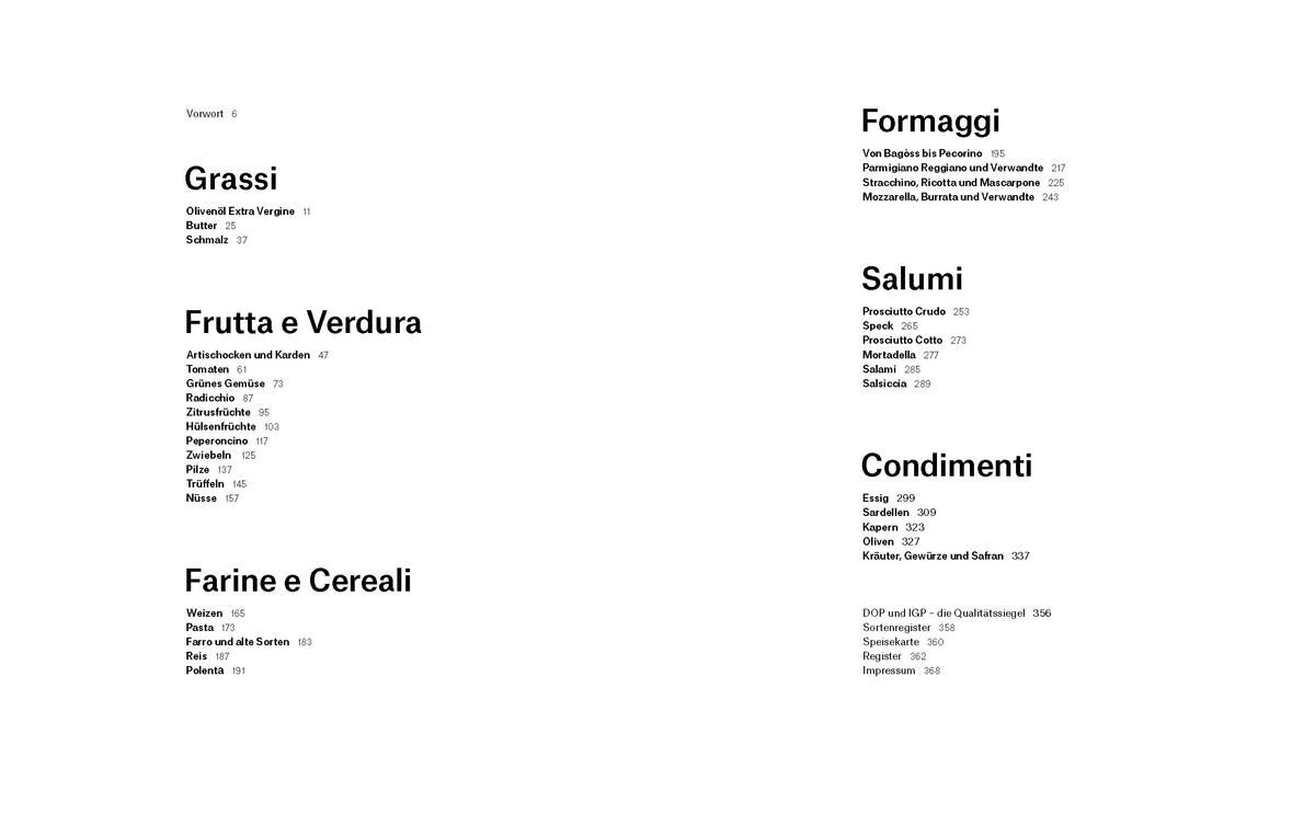 Das Bild zeigt eine textbasierte Übersicht zu verschiedenen Kategorien italienischer Produkte und Rezepte: Grassi, Frutta e Verdura, Farine e Cereali, Formaggi, Salumi und Condimenti. Jede Kategorie listet spezifische Beispiele italienischer Lebensmittel.