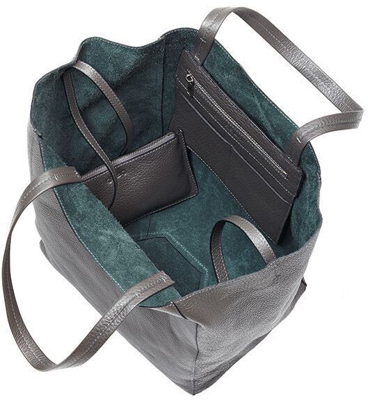 ZEIT-Tasche »Cep« in grau mit grünem Innenfutter. Ledertasche mit Innentaschen und Reißverschluss. Elegante und moderne Handtasche für stilbewusste Frauen.