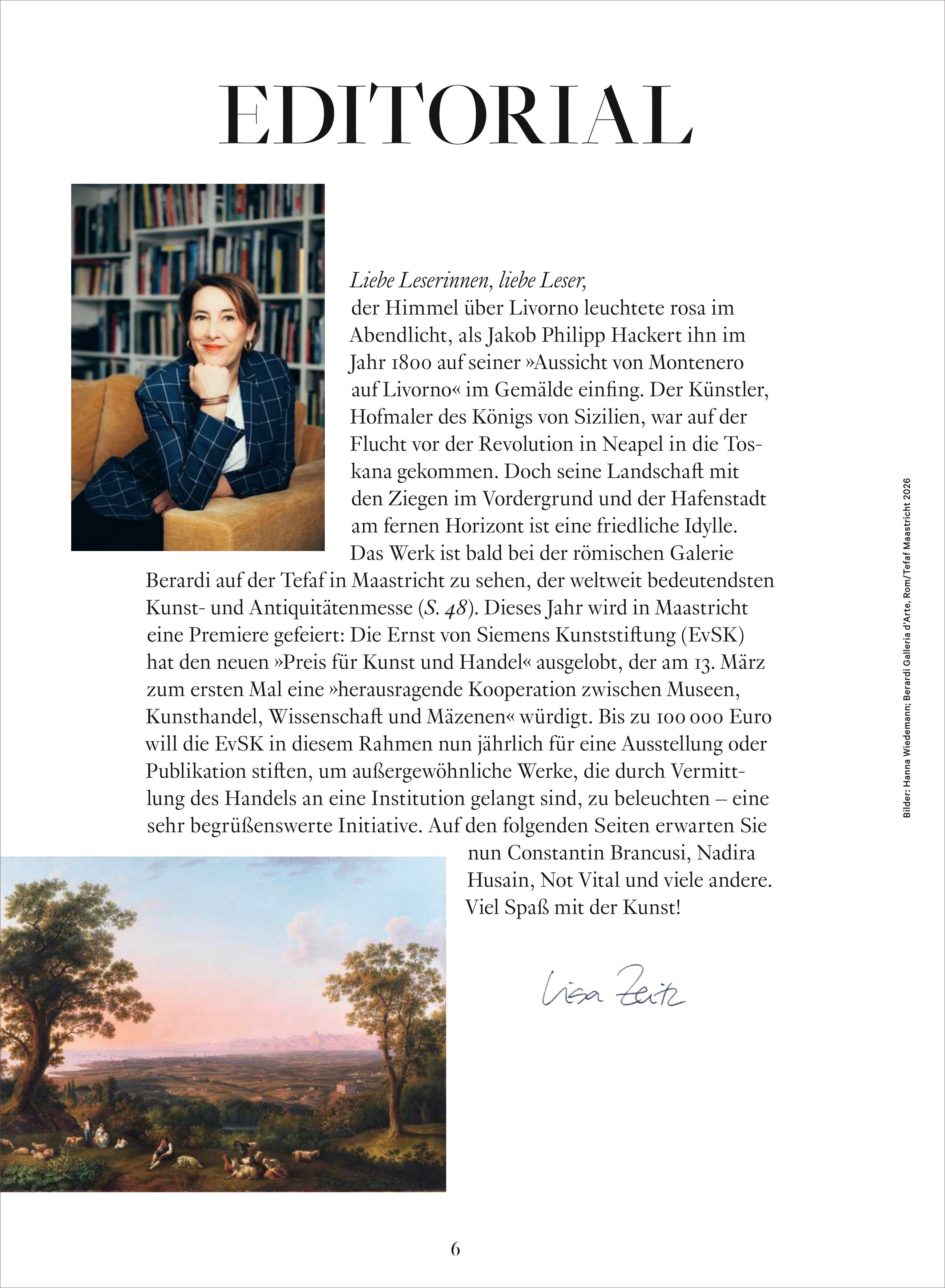 Detailreiche Magazinseite mit Editorial: Oben links ein Porträtfoto einer Frau am Schreibtisch mit Bücherwand, rechts redaktioneller Einführungstext mit dem Titel "Editorial" und einer handschriftlichen Signatur. Unten ist ein stimmungsvolles Gemälde einer rosafarben beleuchteten Landschaft mit Bäumen und Himmel zu sehen.