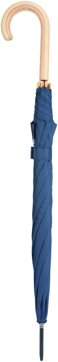 Ein geschlossener Regenschirm »Die ZEIT« mit einem geschwungenen Holzgriff und einem blauen Schirm. Der Schirm ist schlicht und elegant gestaltet.