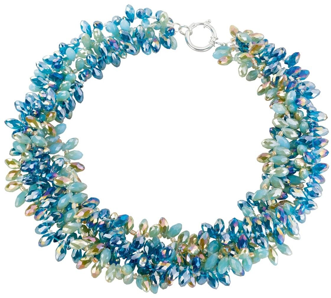 Farbenfrohes Kristallglas-Collier von Petra Waszak, Modell 'Capri', mit blauen, grünen und gelben Steinen, die im Licht funkeln.