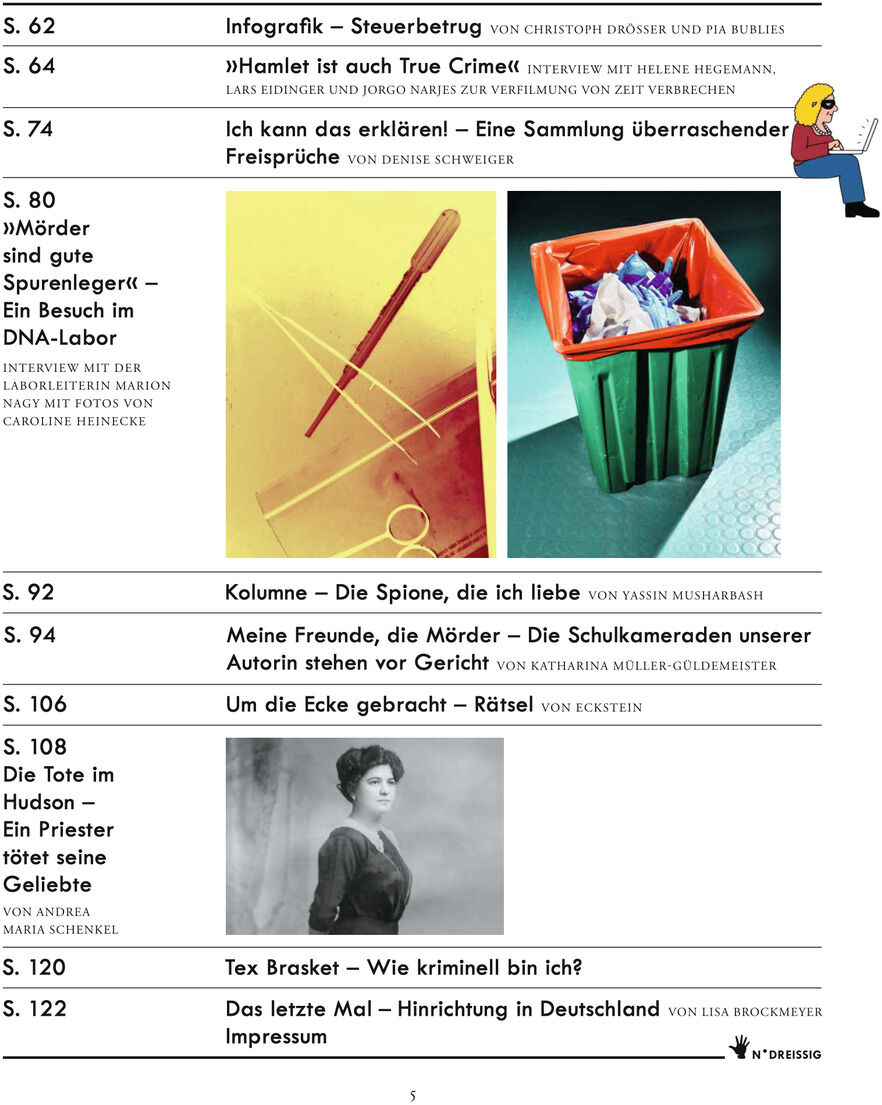 Seite einer Zeitschrift mit mehreren Artikeltiteln und Bildern: Grafik über Steuerberatung, eine Mordszene mit Messer, Papierkorb, Text zu Spionage, Rätselbild, und ein weiteres Thema über Kriminalität in Deutschland.