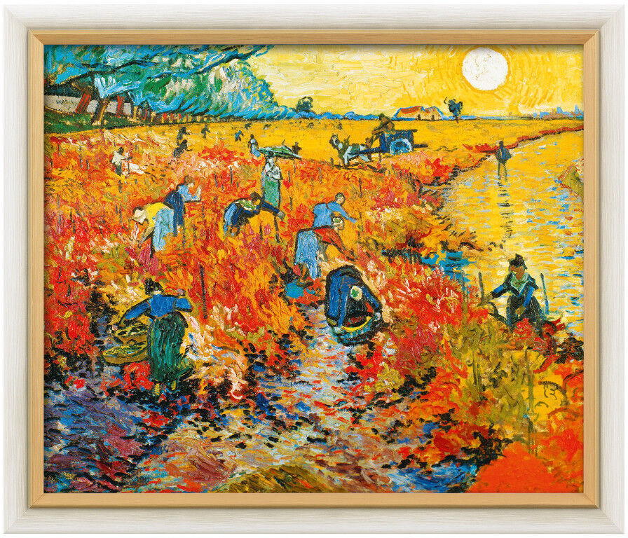 Ein Gemälde von Vincent van Gogh aus dem Jahr 1888 mit dem Titel 'Der rote Weingarten in Arles'. Es zeigt eine Gruppe von Menschen, die in einem Feld von roten Weinreben arbeiten, mit einem Fluss und der untergehenden Sonne im Hintergrund. Das Bild strahlt kräftige Farben wie Rot, Gelb und Blau aus, typisch für den postimpressionistischen Stil van Goghs.