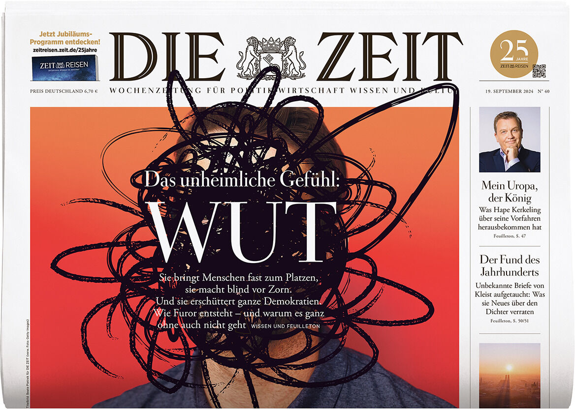 Titelseite der Zeitschrift DIE ZEIT Ausgabe 40/2024 mit einem Titelthema 'Das unheimliche Gefühl: Wut' und einem auf einem Hintergrund mit warmen Farben gezeichneten Gesicht, das schwarz gekritzelt ist.