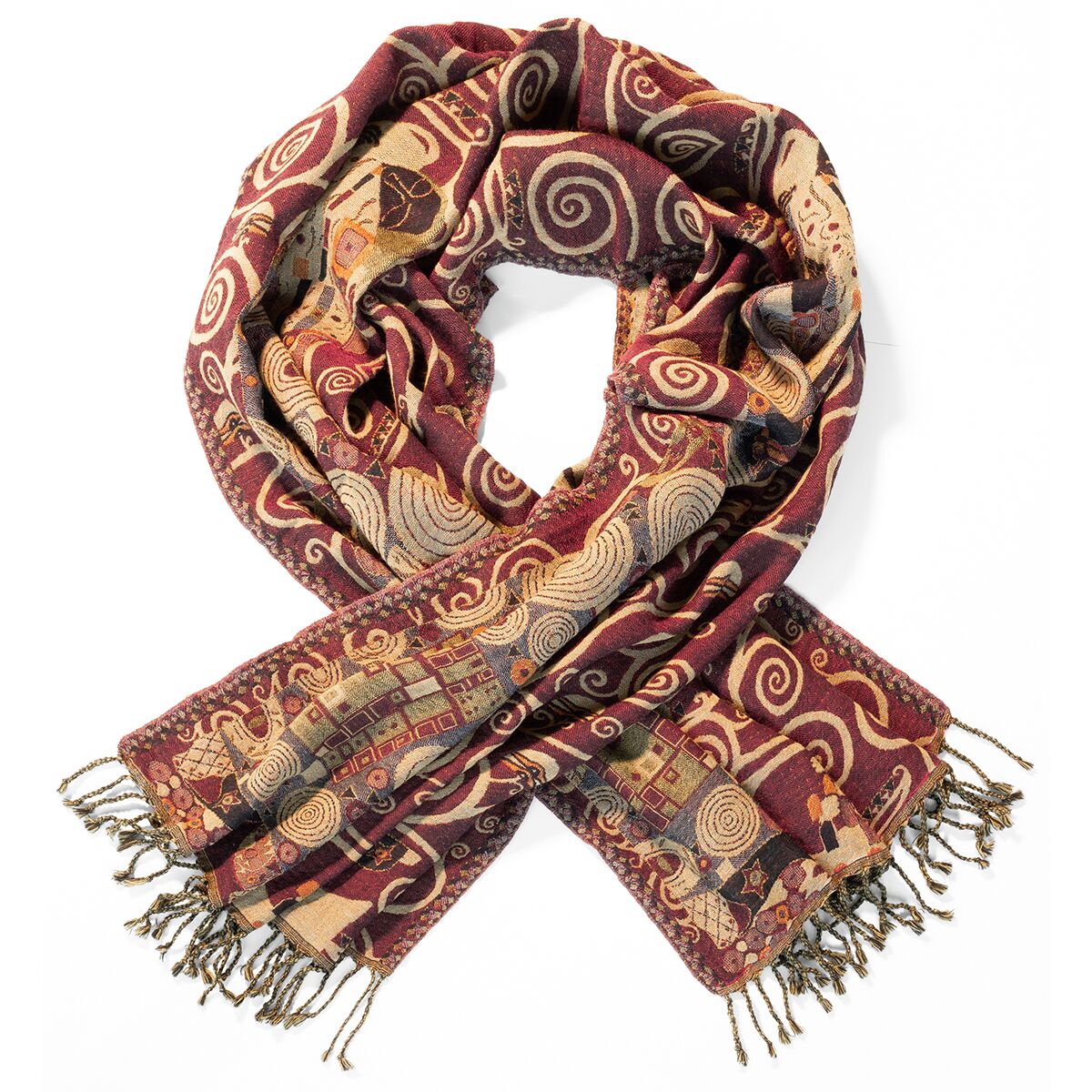 Ausgebreiteter Merinoschal mit reichem Muster in Anlehnung an Gustav Klimts Gemälde „Der Kuss“. Der Schal zeigt ineinander verschlungene Ornamente, Spiralen und goldartige Akzente auf bordeauxrotem Hintergrund, mit Fransen an den Enden. Luxuriös und kunstvoll gestaltet.