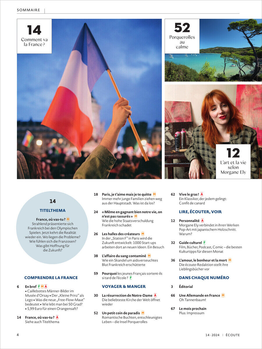 Titelseite von Écoute Magazin 14/2024 mit einer französischen Flagge im Vordergrund und einer Frau, die in einem gemütlichen Raum sitzt. Enthält Informationen über Frankreich, Kunst, Musik und Reisen.