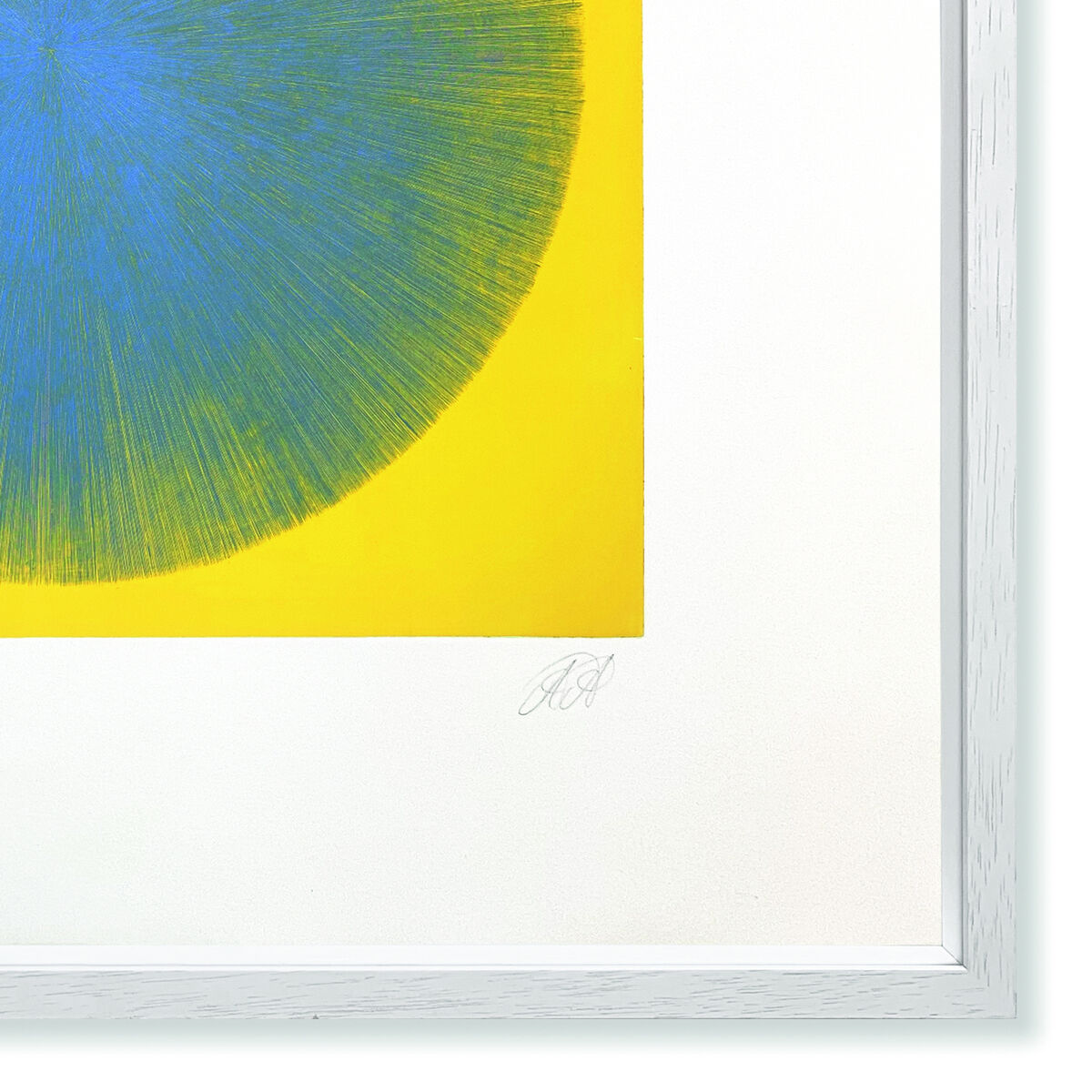 ZEIT-Sonderedition »Spiky Circle (Blau auf Gelb)«, 2023. Die Kunst zeigt einen großen blauen Kreis auf einem gelben Hintergrund, eingerahmt in einem weißen Bilderrahmen.