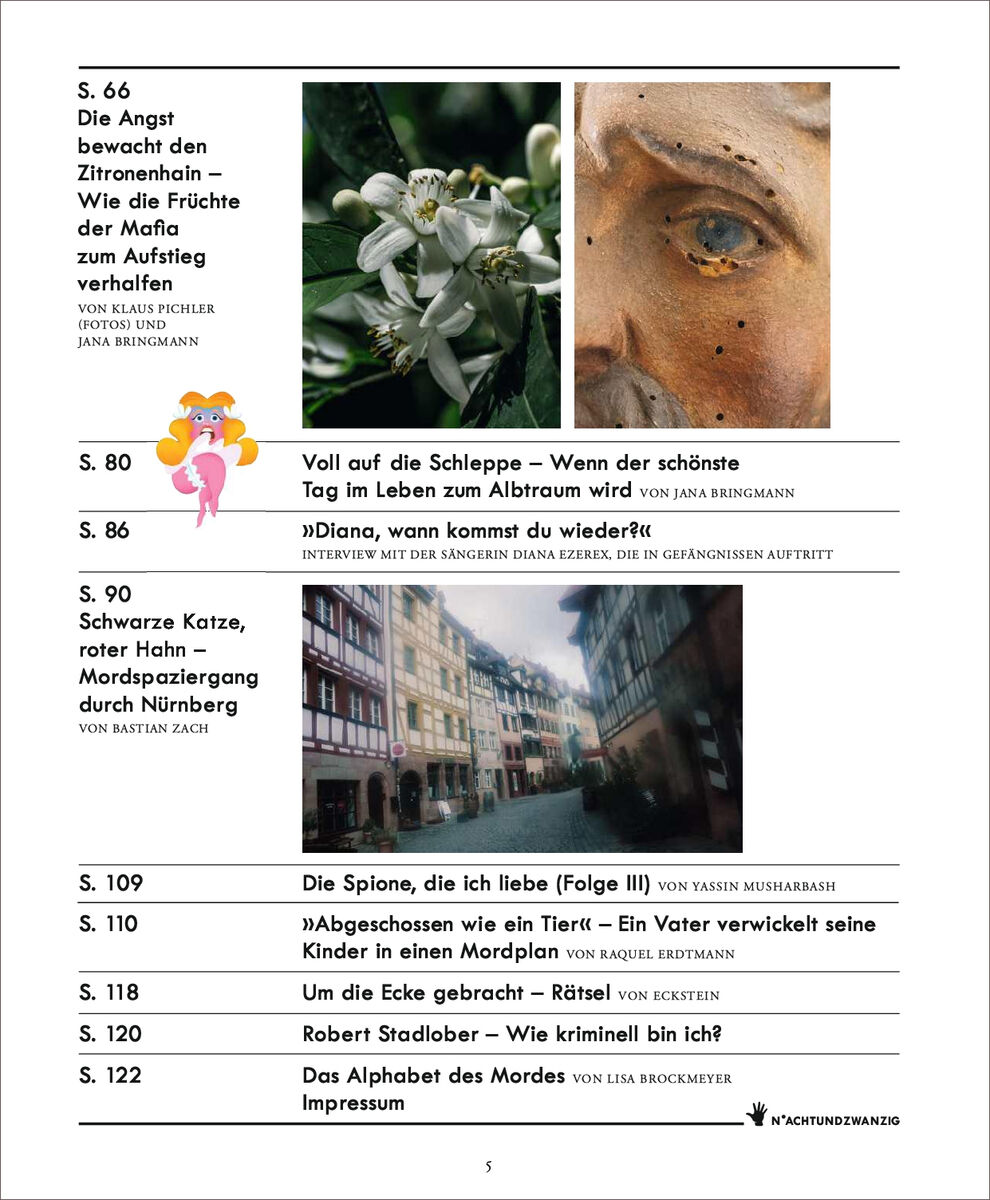 Seite aus dem Magazin 'Zeit Verbrechen', die verschiedene Geschichten und Artikel rund um das Thema Kriminalität zeigt. Enthält Text und Bilder mit weißen, schwarzen, orangefarbenen, grünen, braunen und blauen Farbakzenten.