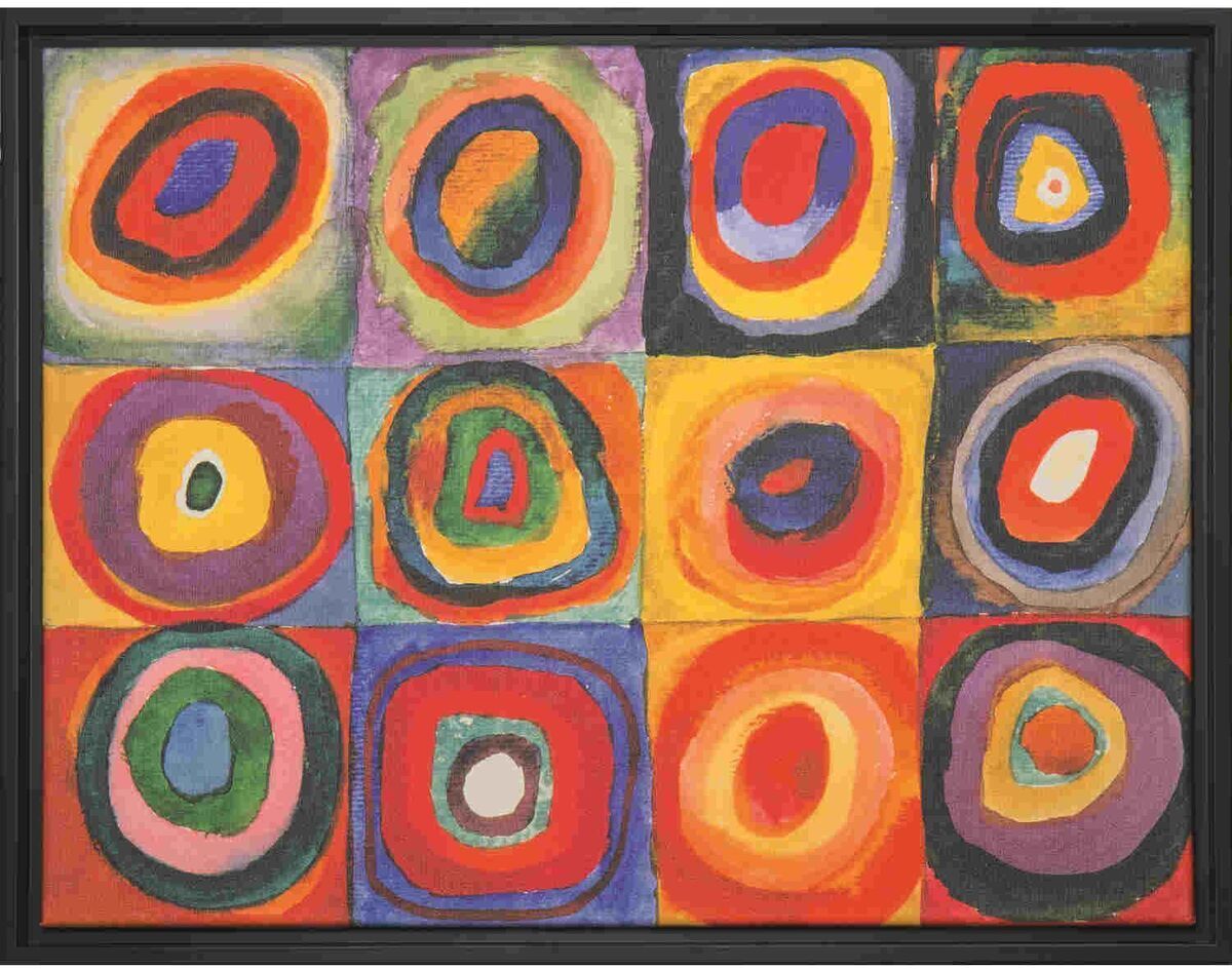 Ein Kunstwerk von Wassily Kandinsky aus dem Jahr 1913, betitelt „Farbstudie Quadrate“. Es zeigt zwölf Quadrate, jedes mit konzentrischen Kreisen in leuchtenden, kontrastreichen Farben wie Rot, Gelb, Blau, Grün und mehr, die eine lebendige und dynamische Komposition bilden.