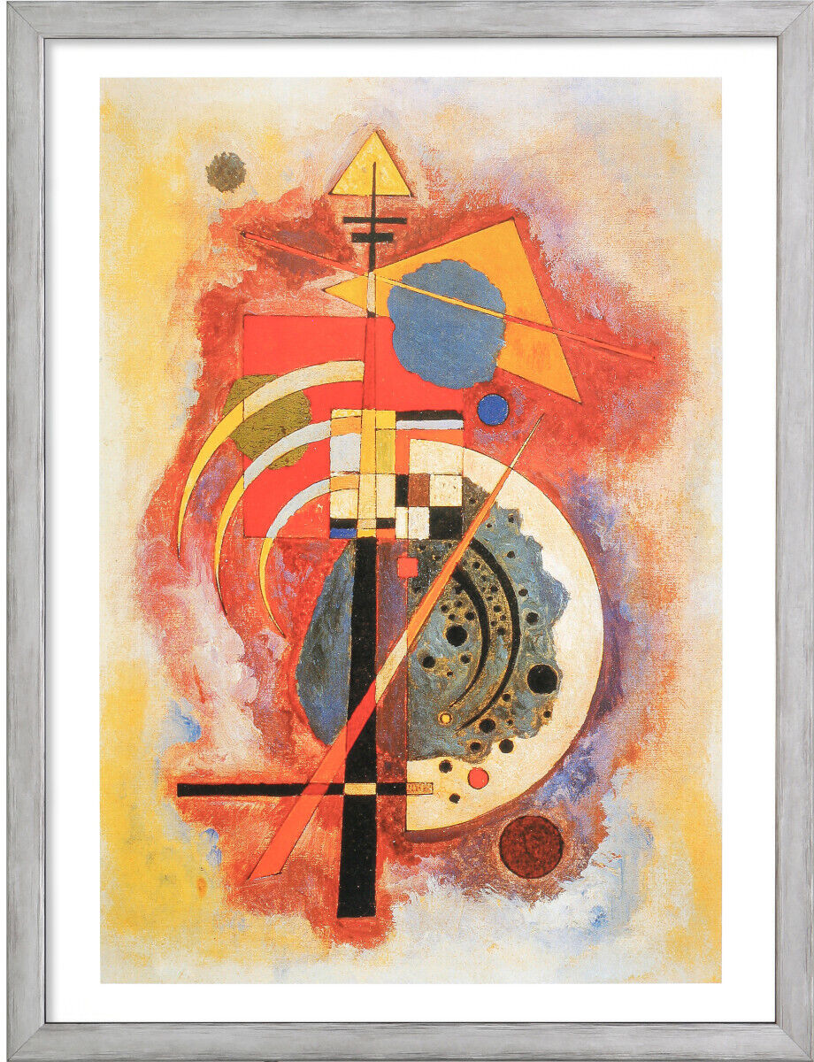 Ein Kunstdruck von Wassily Kandinsky, bestehend aus drei Bildern im Set, zeigt abstrakte, farbenfrohe Kompositionen mit geometrischen Formen in den Farben Rot, Gelb, Blau, Schwarz, Weiß und Grau. Die Kunstwerke sind in einem eleganten Rahmen präsentiert.