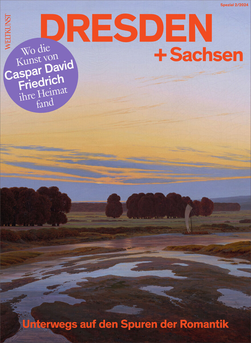 Titelbild der Sonderausgabe WELTKUNST 226/24 mit Schwerpunkt auf Dresden und Sachsen, zeigt eine malerische Landschaft bei Sonnenuntergang und erwähnt Caspar David Friedrich. Der Himmel ist orange-blau und der Untergrund zeigt einen natürlichen, braunen Pfad.