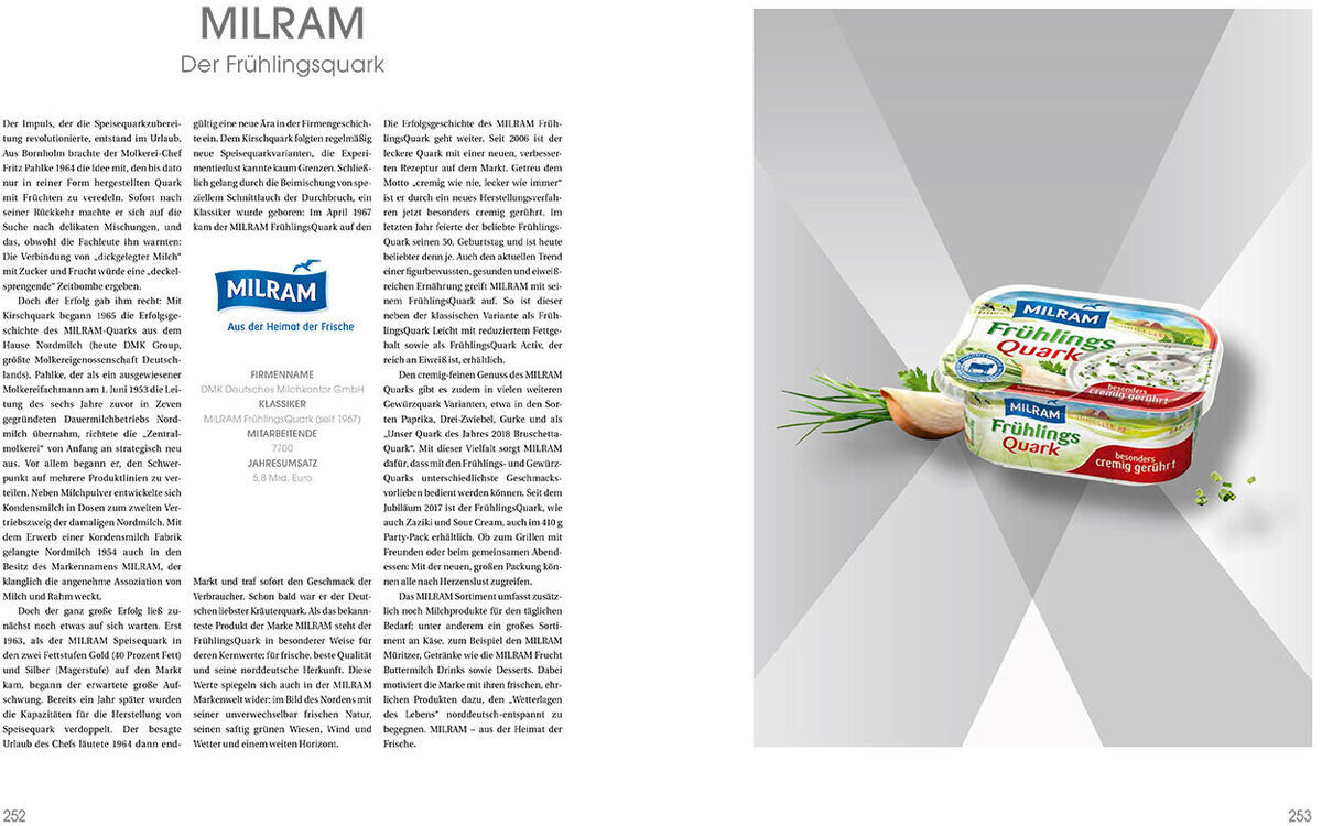 Das Bild zeigt eine Seite des Buches 'Deutsche Standards – Marken des Jahrhunderts 2019'. Auf der linken Seite des Buchs befindet sich ein Artikel über die Marke Milram. Auf der rechten Seite ist ein Bild von einem Milram-Produkt mit dem Titel 'Der Frühlingsquark'.
