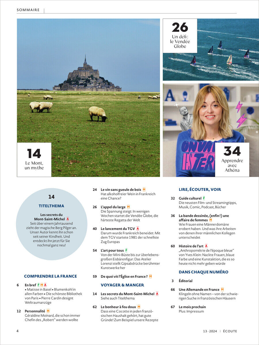 Seite einer Zeitschrift mit Titel 'Écoute Magazin 13/2024'. Oben links ein Bild des Mont Saint-Michel mit Schafen im Vordergrund; rechts Porträt einer Frau mit kurzen blonden Haaren und einem T-Shirt mit Aufdruck. Unten Textabschnitte mit einer Inhaltsübersicht der Ausgaben.