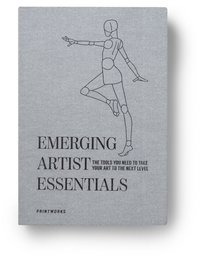 Ein graues Zeichenkit mit der Aufschrift 'Emerging Artist Essentials' und einer skizzierten Gliederpuppe in einer Tänzerpose auf dem Cover.