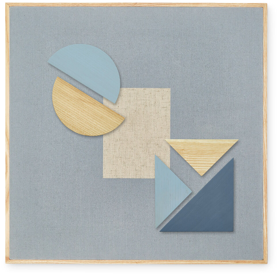 Ein Set von Magneten für Pinnwände in geometrischen Formen (Kreise, Dreiecke und Rechtecke) auf einem blauen Hintergrund. Die Farben der Magneten umfassen Blau, Weiß und Beige, und sie sind aus einem Material, das wie Holz aussieht.