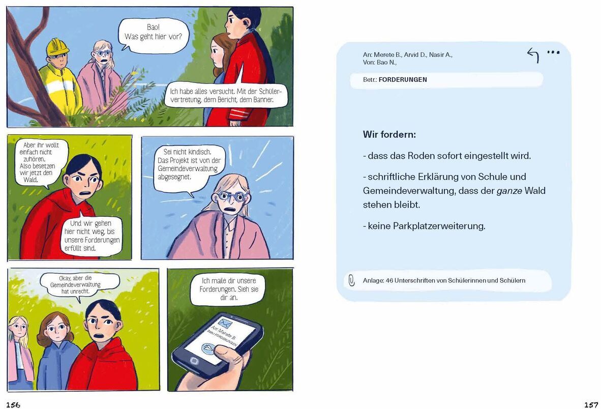 Das Bild zeigt eine Doppelseite aus dem Comic-Buch 'Hände weg von unserem Wald!' von Dåsnes, Nora. Auf der linken Seite führen zwei Kinder ein Gespräch mit einer älteren Person im Wald, während eine weitere Person am Baum steht. Auf der rechten Seite ist eine Textnachricht mit Forderungen zur Rettung des Waldes zu sehen.