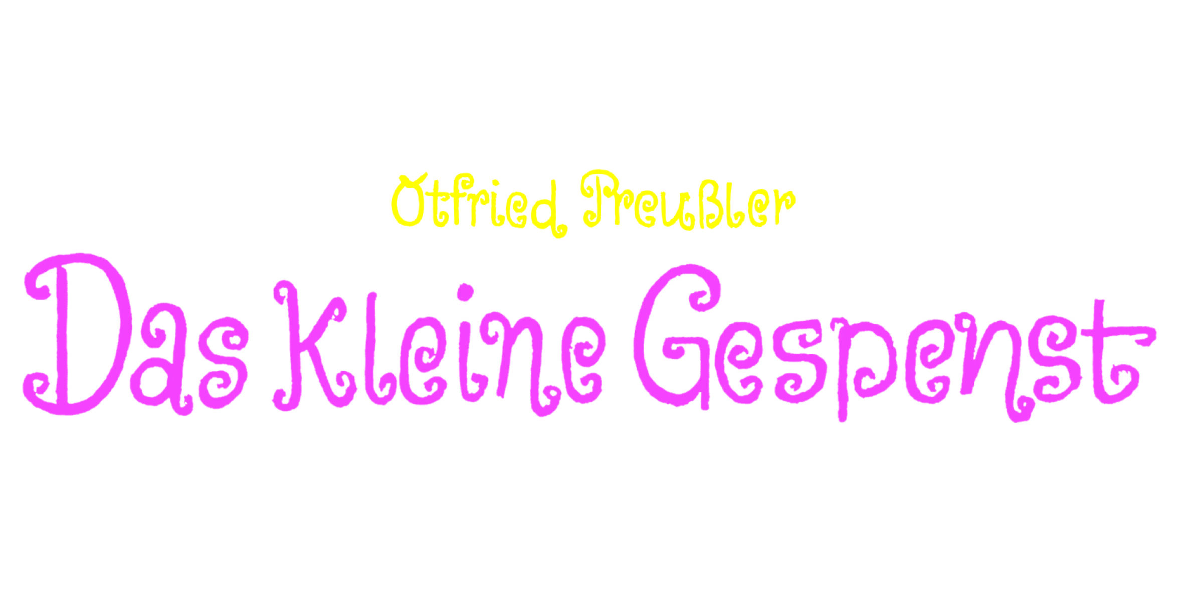 Titelbild des Brettspiels »Das kleine Gespenst« von Otfried Preußler. Der Titel ist prominent in großer, verspielter, rosafarbener Schrift mit dem Autorennamen in Gelb vor weißem Hintergrund gestaltet. Keine weiteren Bildelemente sichtbar.