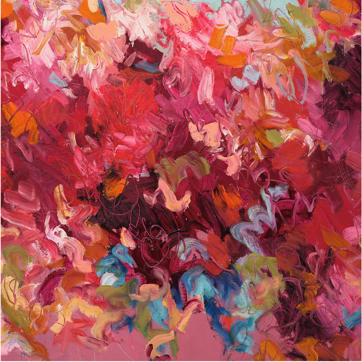 Quadratisches, abstraktes Gemälde von Ute Binova mit dem Titel 'A Soulful of Love' (2023). Farbexplosion aus überwiegend Rottönen, Pink, Orange, blaugrünen und gelben Farbakzenten. Der Pinselstrich ist lebhaft und dynamisch, das Bild ist in einem schlichten Massivholzrahmen gerahmt.